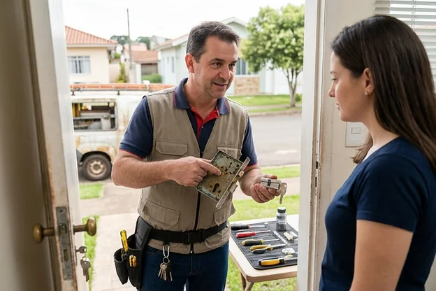Chaveiro discutindo a troca de fechaduras com um cliente em Ponta Grossa.